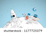 Man and alien landing on the moon, making selfie with planet earth. Modern illustration in linear style.