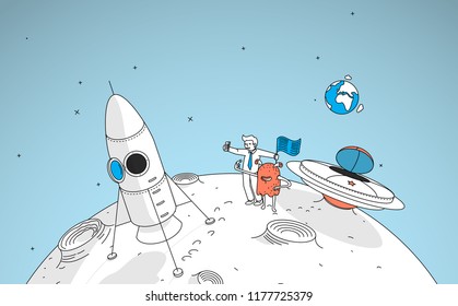 Hombre y alienígena aterrizando en la luna, haciendo selfie con el planeta tierra. Ilustración moderna de estilo lineal.