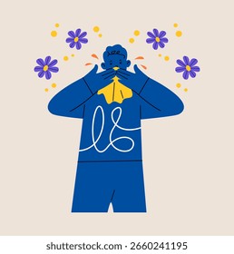 Hombre alérgico al polen. Problema del concepto de alergia. Ilustración vectorial colorida


