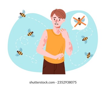 Hombre con alergia en el concepto de abeja. Un chico joven con insectos. Enfermedad y enfermedad. Carácter con puntos rojos en las manos tras picaduras de abejorros. Afiche o pancarta. Dibujo vectorial plano de dibujos animados