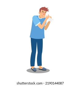 Man with allergy symptom cartoon vector illustration. Educational banner with man suffering from runny nose, rash, red eyes because of food, dust, insects