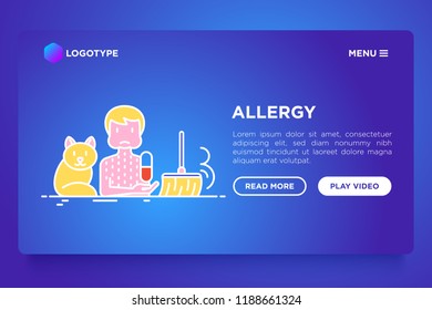 Man with allergy and thin line icons around: cat, dust, edema, pill. Modern vector illustration, web page template on gradient background.