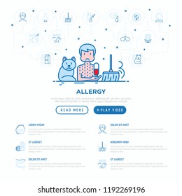 Man with allergy and thin line icons of allergens around: runny nose, dust, streaming eyes, lactose intolerance, citrus, seafood, gluten free, dust mite. Vector illustration, web page template.