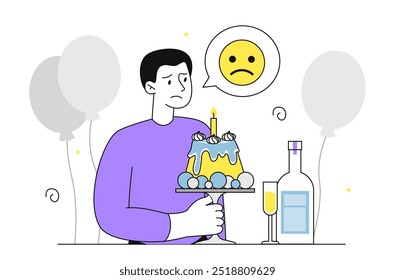 Ein Mann allein zum Geburtstag. Trauriger junger Mann mit Kuchen und einer Kerze, die allein sitzt. Negative Gefühle und Emotionen. Depression und Frustration. Person ohne Freunde. Lineare Vektorgrafik