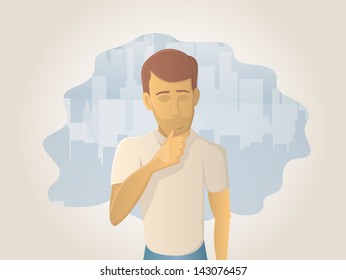 A man alone in a city, with his hand on his chin/ Idea Man Vector