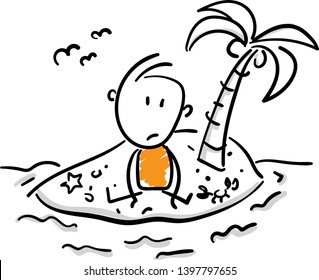 Man alone at the island. hand drawn doodle line art cartoon design character - isolated vector illustration outline