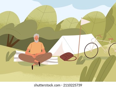 Man Alone In Nature On Summer Holidays. Tourist Relaxing In Camping, Resting Near Tent Outdoors. Person Traveler On Peaceful Summertime Vacation In Wilderness In Solitude. Flat Vector Illustration