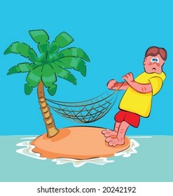 Man alone on a small island and trying to fix an hammock to a tree