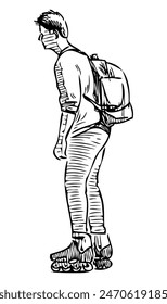 Man alone roller skating, realistic vector sketch, hand drawing isolated on white