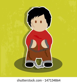man alone, slave and chained hand and foot on green background.