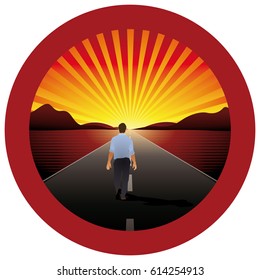 Man alone walking towards the horizon on a road with red round frame - Vector image