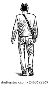 Man alone,casual,pedestrian,back view, walking,outdoor,city dweller,going away,realistic,sketch,vector hand drawing isolated on white