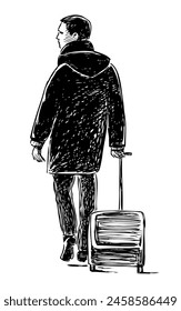 Man alone,suitcase,baggage,going away, outdoor, vacation, trip, travel, black and white hand drawing isolated on white