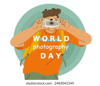 A man with an amateur camera takes photographs. Capturing great memories while traveling or at a party. World Photography Day. Vector illustration isolated on transparent background.