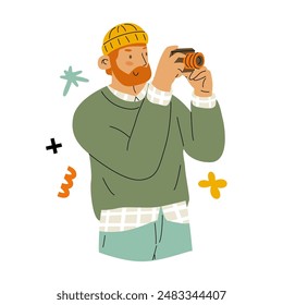 A man with an amateur camera takes photographs. Capturing vivid memories while traveling. Vector illustration isolated on transparent background.