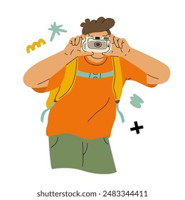 Un hombre con una cámara aficionada toma fotografías. Captura de recuerdos vívidos mientras viajas. Ilustración vectorial aislada sobre fondo transparente.