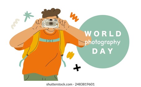 A man with an amateur camera takes photographs. Capturing great memories while traveling or at a party. World Photography Day. Vector illustration isolated on transparent background.
