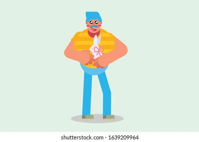 A man amazed by the cute rabbit, the character of a family on Easter day. Simple vector illustration, this illustration can use as a sticker also. 