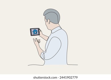Man amazed by smart home app,colored.Individual monitoring home electricity one-line drawing