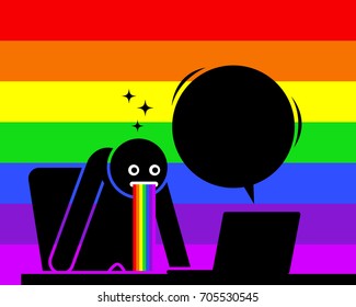 El hombre se sorprende y vomita saliva arcoíris por el contenido que ve desde la pantalla de su computadora. Está impresionado, sobresaltado y asombrado por las noticias, la información y las cosas que se muestran en Internet. 