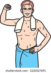 A man in an ambitious pose in the sauna.