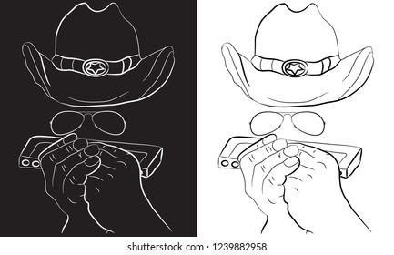 Man in american cowboy hat playing harmonica. Country Music Isolated hand drawn Illustration.