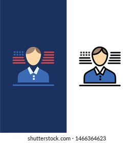 Man, American, Flag  Icons. Flat and Line Filled Icon Set Vector Blue Background. Vector Icon Template background