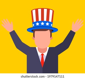 man in American hat with stripes and stars. flat vector illustration
