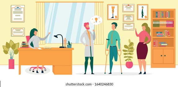 Man with Amputated Leg on Crutches Coming to Doctor for Consultation Flat Cartoon Vector Illustration. Injured Man Having Talk with Medical Stuff. Having Idea to Help Patient. Certificates on Wall.