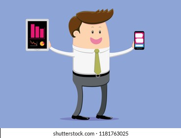 Man amused with his devices. EPS vector file.