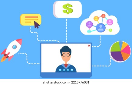 Man analysing messenger and mobile applications. Sms messages, app for communication. Guy chatting in computer and studies program, social network icons background. Employee works with laptop