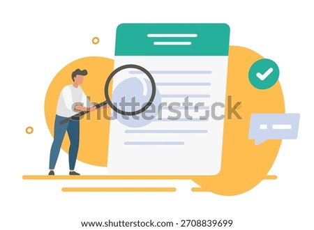 Man analysis review paper document information modern vector design illustration graphic, person character inspect audit legal file report, human verify examine text content, professional evaluate