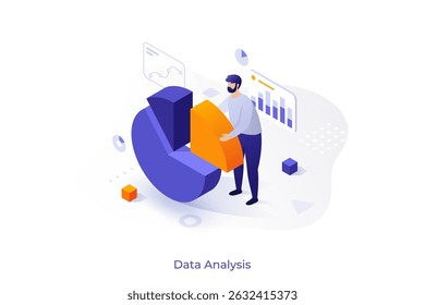Grande analista extraindo a peça do gráfico de pizza. Profissional analisando dados para relatório de negócios. Visualização de estatísticas financeiras para pesquisa de mercado. Ilustração vetorial em estilo isométrico.