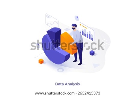 Man analyst extracting piece from pie chart. Professional analyzing data for business report. Financial statistics visualization for market research. Vector illustration in isometric style.