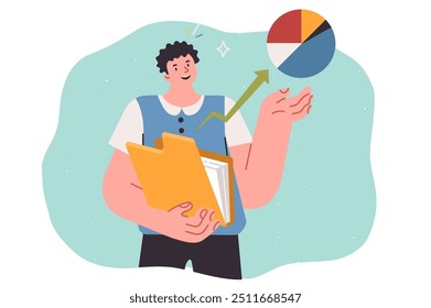 Muitos analistas conduziram pesquisas estatísticas e demonstram gráficos com resultados, mantendo relatórios em papel. Analista assistente para design infográfico ou apresentação de negócios com informações analíticas
