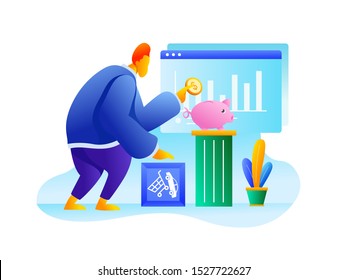 man or analyst working, bank concept with piggy bank and analyzing statistical or financial information. Big data or stock market analysis for everyone. Isometric vector illustration for web banner.