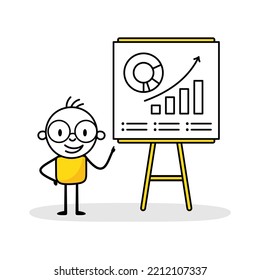Man analyzes chart and graph data, working with data visualization on chart board. Digital data analysis concept. Vector stock illustration