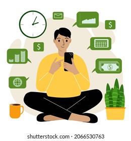 A man analyzes data from his mobile and sits cross-legged. Business graphs, charts and analytics. Vector flat illustration.