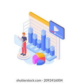 Man analyzes data. Metaphor for working with statistics. Character evaluates graphs. Modern technologies. Company archive, employee of analytical department. Cartoon volumetric vector illustration