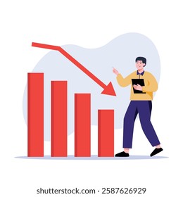 A man analyzes a descending bar graph, representing business decline, and holds report Perfect for illustrating financial struggles and market analysis.