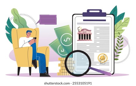 O homem analisa as atividades financeiras. Cara com smartphone olha para estatísticas no aplicativo bancário. Literacia financeira, avaliação de despesas e renda. Contabilidade e orçamento. Ilustração de vetor plano