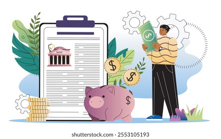 Der Mensch analysiert die Finanzaktivitäten. Ein Typ mit Sparschwein und Münzen. Finanzkompetenz, Bewertung von Kosten und Einkommen. Rechnungslegung und Budgetierung. Flache Vektorgrafik