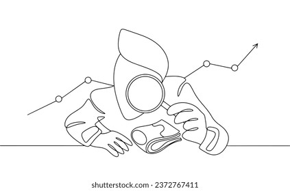 A man analyzes the profitability of a business. Business analysis day. Business Intelligence. One line drawing for different uses. Vector illustration.