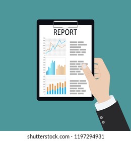 Man with analyzes report, paper document with graphs and diagrams. Research, planning, analysis.