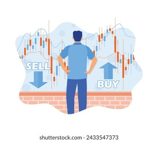Man analyzes the stock market. Determine buying and selling options on the virtual screen. Stock Trading concept. flat vector modern illustration