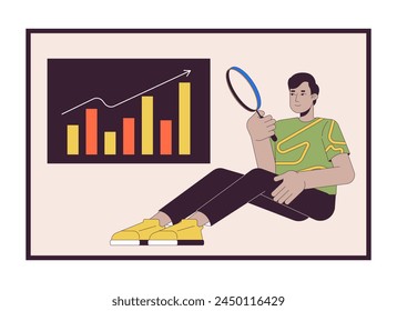 Man analyzing business data 2D linear cartoon character. Marketing specialist studying diagram isolated line vector person white background. Business statistics color flat spot illustration