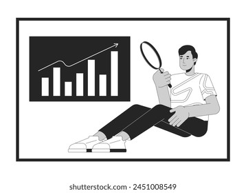 Mann analysiert Geschäftsdaten schwarz-weiß 2D-Linie Cartoon Charakter. Marketing-Spezialist studieren Diagramm isolierte Vektorgrafik Umriss Person. Einfarbige flache Darstellung der Unternehmensstatistik