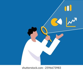 Man analyzing business statistics, graphs and pie charts illustration
