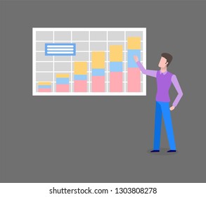 Man analyzing chart with diagrams isolated on grey. Screen with financial investments, manager worker reports about data changes in economics and banking