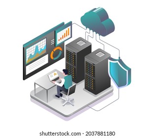 Man is analyzing cloud server data security
